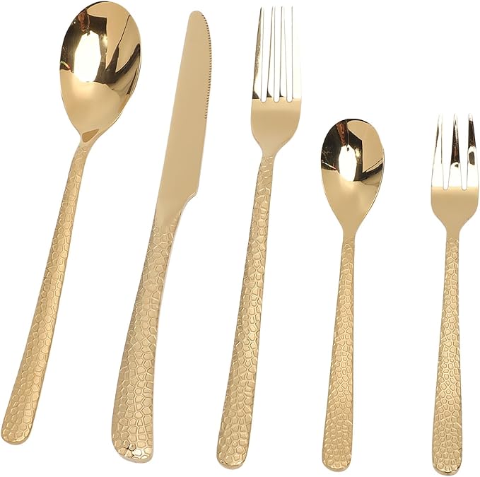 Pssopp Hammered Silverware Set, Serving Sets Flatware Set Service for 4 Person Home Party Wedding Eating Hammered Silverware, Stainless Steel Tableware Mirror Polished Cutlery (Gold)