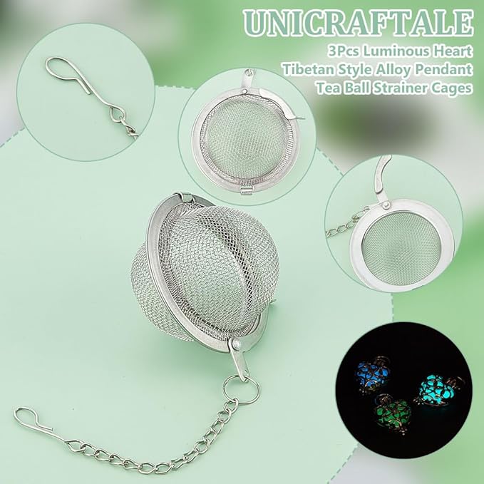 UNICRAFTALE 3pcs Round Mesh Tea Infusers Stainless Steel Tea Strainer with Tibetan Heart Charm Ball Strainer Cages Holder Tea Mesh Strainer Tea Filters Set for Brew Tea, Spices & Seasoning