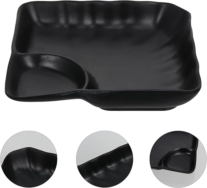 Kichvoe Black Divided Sushi & Dumpling Plate with Sauce Compartment | Japanese Serving Tray for Appetizers & Snacks, 6.88X6.88X1.37In