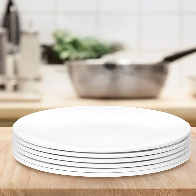 9 Inch White Melamine Plates Flat Bottom Deep Round Dinner Plates Salad and Dessert Plates Lightweight Durable and Easy to Clean,Non Ceramic Disc Pad Set of 6,PYW-9-06