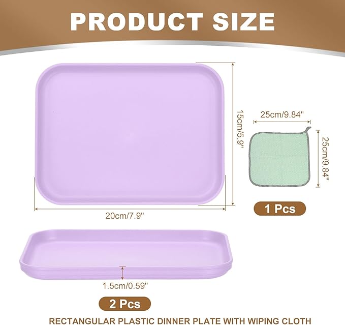 PATIKIL 7.9x5.9 Plastic Tray, 2 Pack Rectangular Plates Small Food Tray Wheat Plates Dishes Reusable Dessert Plate Trays with Cloth for Cake Fruits Salad Cupcake Steak Serving Purple