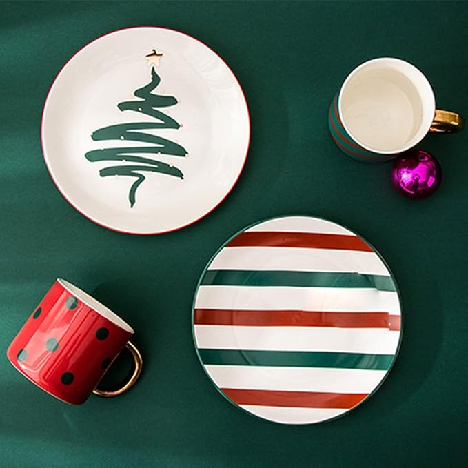 Plates Christmas Dinnerware Set Plates and Bowls Tableware Decoration Coffee Mugs Plates Set Ceramic Xmas Set Porcelain Plate(A)