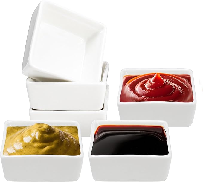 Vikko Mini White Dish, Set of 6 Porcelain Dipping Sauce Cups, 2 Ounce Square Relish Dish, 2.5 Inch Stackable Square Spice Bowls, Mini Bowl for Soy Sauce or Relish