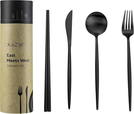 Matte Black KiiZYs Silverware Set - 16-Piece Kitchen Utensil With Korean Chopsticks - Stainless Steel Flatware Cutlery - Spoons, Forks, Knife - Dishwasher Safe - New Home Wedding Gifts (Black, 4 Sets)