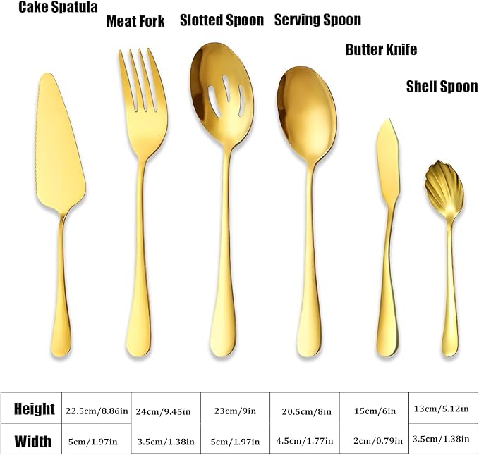 6Pcs Gold Serving Utensils Set Stainless Steel Kitchen Utensils Include Cake Server,Cold Meat Fork, Slotted Serving Spoon, Serving Spoon, Butter Knife Soup Ladle