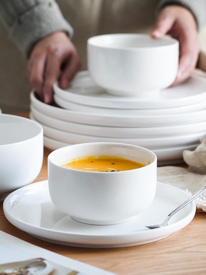 Kanwone Porcelain Dessert Salad Plates - 8 Inch - Set of 6, White, Microwave and Dishwasher Safe Plates, White Dishes, Morden Plates