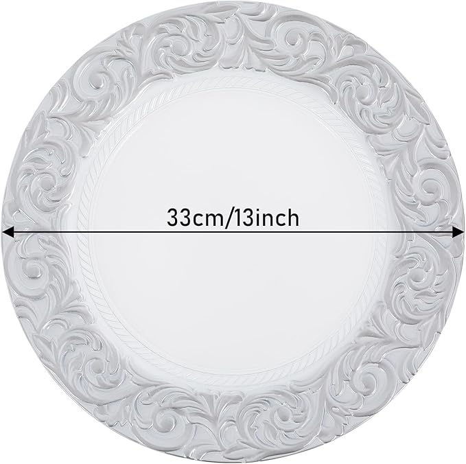 50Pcs Antique Charger Plates, 13" Plastic Chargers Bulk With Embossed Rim, Round Chargers for Dinner Plates, Decorative Plate Table Setting for Party Wedding Banquet Holiday Event (White+Silver)