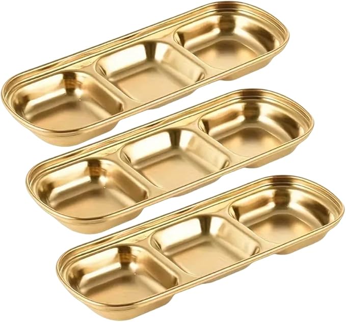 3 Piece Stainless Steel Sauce Tray, Divided Dipping Tray, 3 Compartment Appetizer Serving Tray for Sauce, Ketchup, Dressing, Silver, 8 X 3 Inches (3 Compartments in Gold Color)