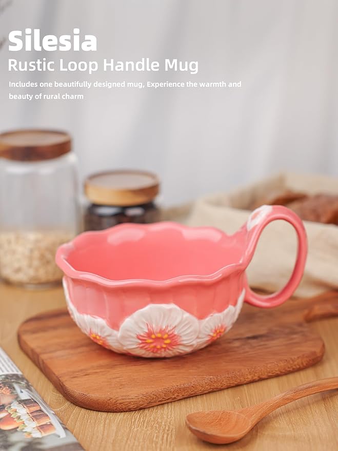 silesia Handmade Ceramic Soup Bowl, 30 oz Hand Painted Bowl with Loop Handle, Floral Design Cereal Bowl for Soup, Ice cream, Snack, Microwave & Dishwasher Safe (Pink)