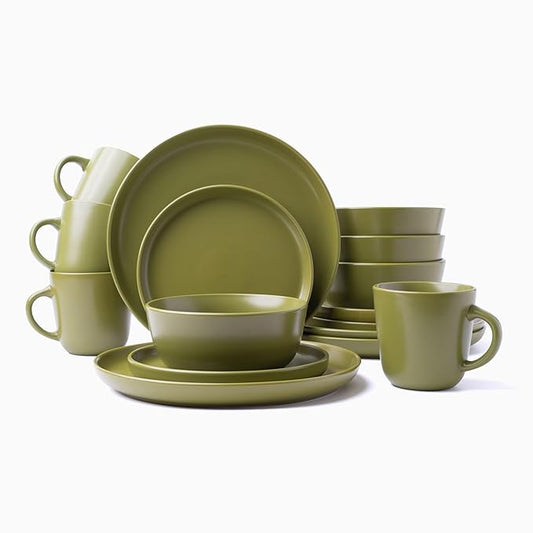 MÜLLERHEIM 903 Minimalist Collection 16-Piece Contemporary Ceramic Stoneware Dinnerware Sets for 4, Greek Olive, 16-Piece Plates and Bowls sets, Dinner Plates Set, Salad Dish Set, Bowls, Cup