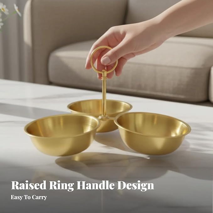 Snack Serving Bowl Divided Serving Tray Chip Dips Serving 3 Section Snack Stand with Bowls for Candy Dessert Fruit Sauce Dips, Gold