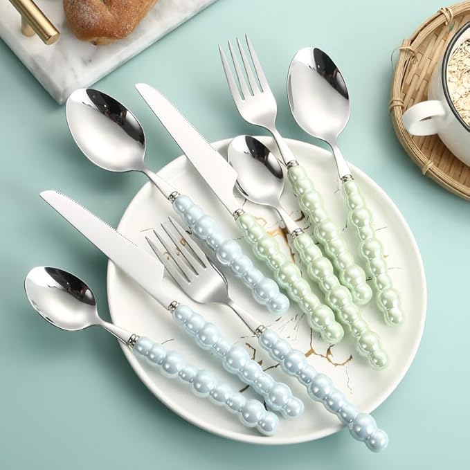 Silverware Set, 2/8/12/16/20/24pcs Retro Light Luxury Ceramic Pearl Handle 304 Stainless Steel Knife, Fork And Spoon Tableware Set, Home Cutlery Flatware Set(Beige,20 Pieces for 10)