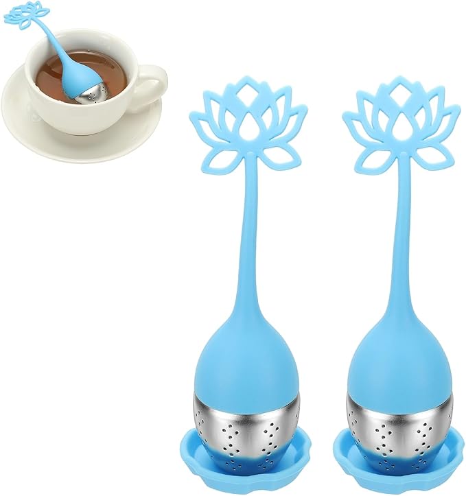 uxcell 2 Pcs Lotus Tea Infuser, Stainless Steel Loose Leaf Tea Steeper Filter with Silicone Handle Reusable Coarse Pores Mesh Strainer Diffuser for Teacups Teapots Mugs, Blue
