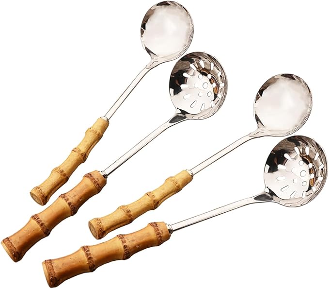 6-Piece Bamboo Silverware Set, Stainless Steel Flatware Hostess Serving Set Bamboo Utensils Tableware Set for Home Camping Travel Hotel - 2pcs Soup Spoon and 2pcs Slotted Spoon