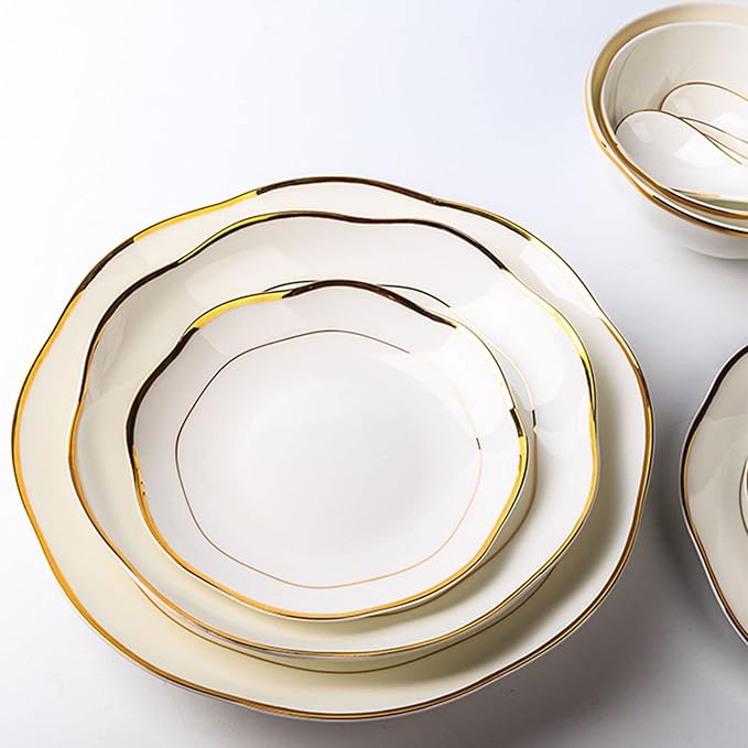 Dinner Sets, Bone China Dinnerware Series, 16-Piece White Porcelain Dinnerware Set, Gold Border Dish Set with Dessert Plates/Soup Plates/Dinner Plates and Bowls Sets, Tableware Ser