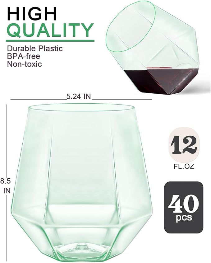 40 Pcak Plastic Stemless Wine cocktail Whiskey Champagne Glasses, 12 Oz Disposable Unbreakable Cups for Party Bars Wedding Tasting (Green)