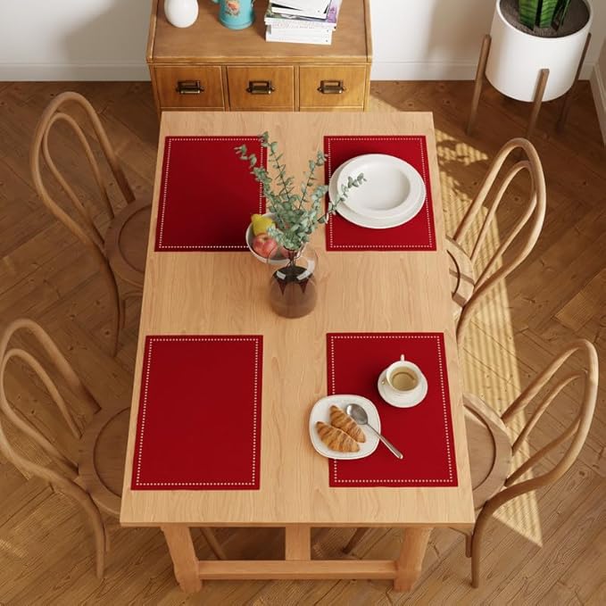 Encasa XO Placemats Set of 4 | Cotton Hemstitched Design | Red | Rectangular 19"x13" - Dining Table Mat | for Dining Table Fall Decoration, Holiday & Christmas Festivals - Machine Washable