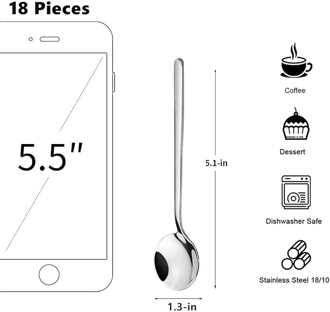 10 Pack Espresso spoons 18/10 Stainless Steel Teaspoons Set for Coffee Sugar Dessert Cake Ice Cream Soup Antipasto Cappuccino, 5.3 Inch Silver