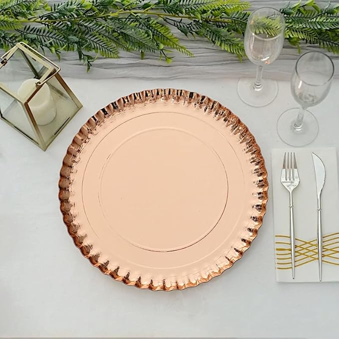 10 Rose Gold 13 in Round Paper Serving Trays with Scalloped Rim Design - Disposable Wedding Party Tableware Supplies
