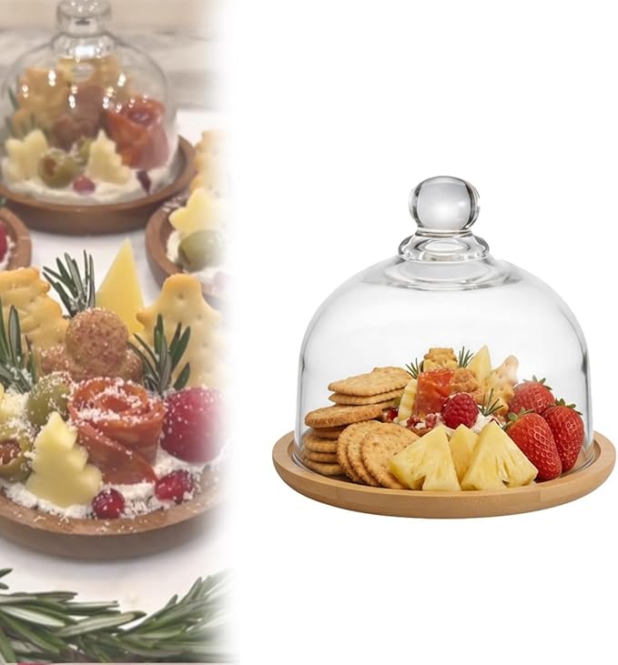 Charcuterie Snow Globe Container, Individual Snow Globe Charcuterie Board, Mini Wood Cake Stand with Dome Lid for Cookie, Pastries, Cupcake, Suit for Outdoor Snack Packing Open Houses Gatherings(1pc)