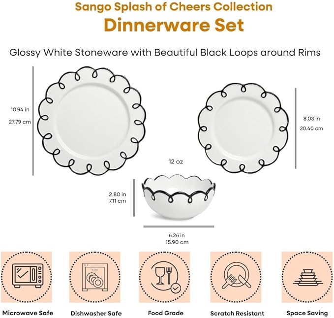 Sango 12-Piece Earthenware Dinnerware Set for 4, Glossy White Plates and Bowls Sets with Black Scalloped Rims, Premium Dish Set, Holiday Dishes for Gifting & Hosting Christmas Party, Splash of Cheers