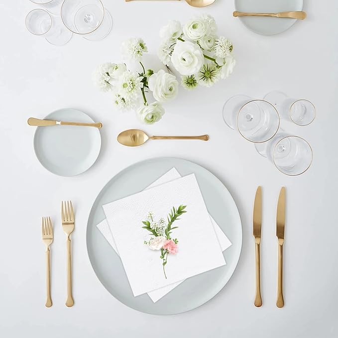 FLOWERCAT 100-Count 2-Ply White Cocktail/Beverage Napkins - Disposable Premium Quality - 5" x 5" White Paper Napkins for Party& Bar,Weddings,Birthday