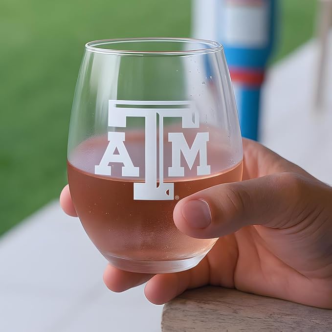 Texas A&M Aggies Satin Frost Stemless Wine Glass Set – Official Clear Glass with White Logo – Heavy-Duty Made in USA Drinkware – Dishwasher Safe – Set of Two, 15 oz