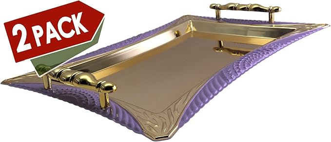 (Pack of 2) 14.2 Inch x 10.4 Inch Rectangular Star Shape Iron Gold Gray Purple Plated Serving Tray with Handles Purple Edge Floral Engraved Decorative Birthday Platter Plate CC-399