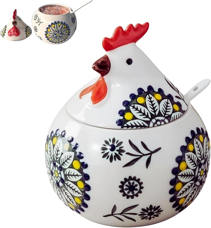 Ceramic Salt Cellar with Lid and Spoon | 13.5OZ Large Chicken Salt Container | Salt and Pepper Containers for Countertop | Sugar Bowl Salt Holder Candy Jar Box for Counter Home Chicken Decor (Green)