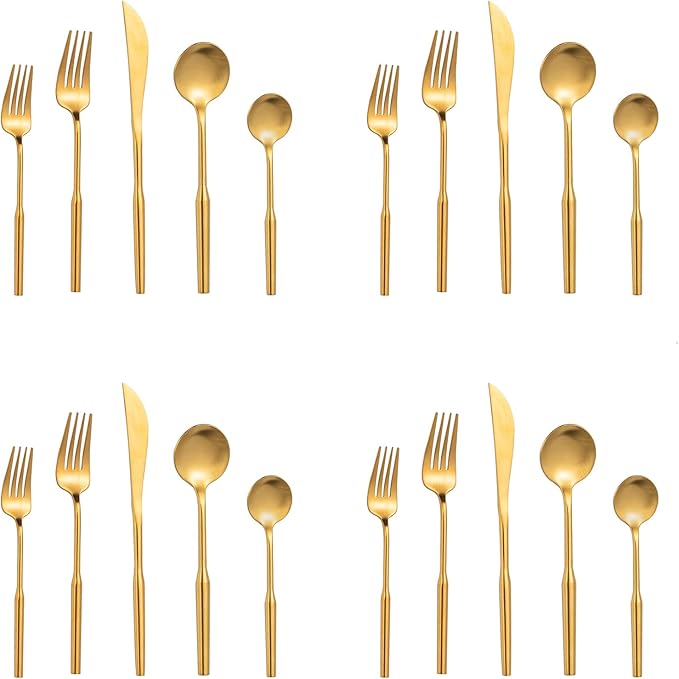 Matte Silverware Eating Utensils Set, 20-Piece Stainless Steel Flatware Set, Kitchen Utensil Set Service for 4, Durable Home Kitchen Silverware,Luxury Cutlery Set. (Gold, 20)