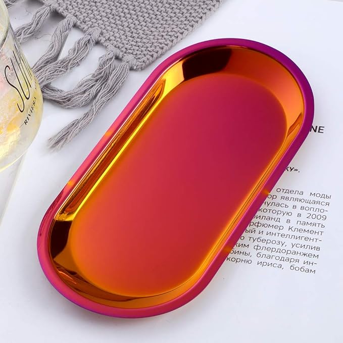 Buyer star Orange Red 2PCS 7.3inch Stainless Steel Oval Tray Fruit Trays Storage Tray Dish Plate Cosmetics Jewelry Decorative Organizer