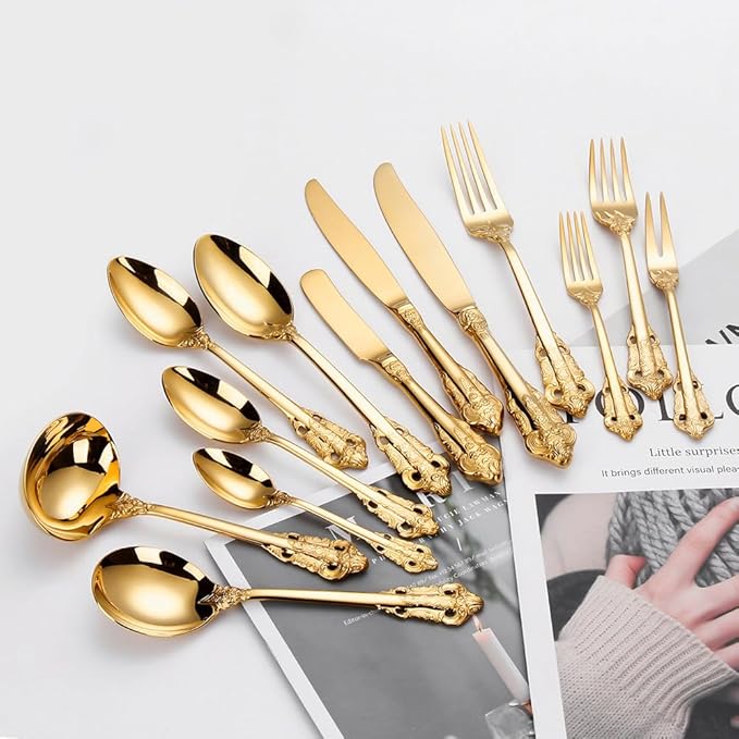 Stainless Steel Flatware serving set,Home Kitchen Eating Tableware Set,Dishwasher Safe,For Home Kitchen Restaurant Hote 5Pcs Palace Knife, Fork And Spoon Western Tableware Set 304 Stainless Steel Stea