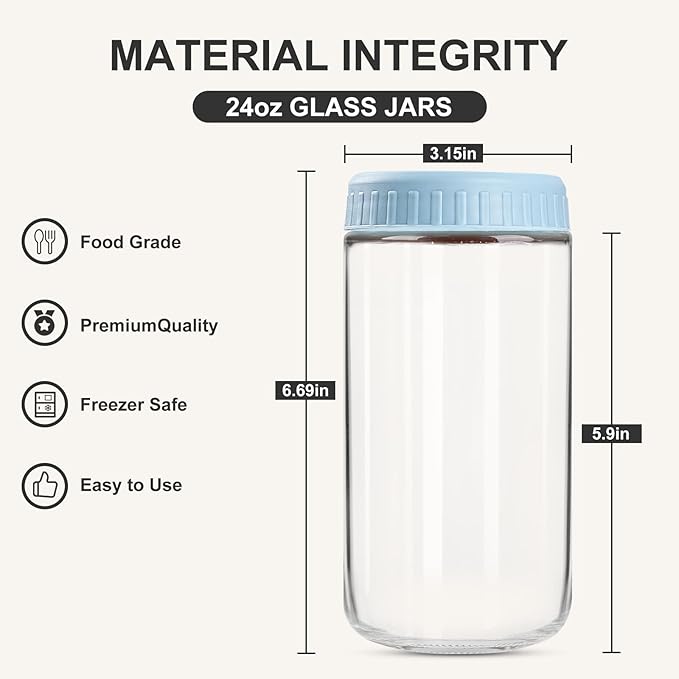 Overnight Oats Containers with Lids, 24oz Glass Jars with Lids 2 pcs, Light Blue, Wide Mouth Mason jars for Salad, Yogurt, Snacks, Meal Prep