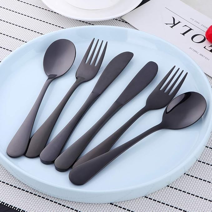 Flatware Silverware sets, 6pcs 18/8 Stainless Steel Cutlery Serving for 2, BPA-free Children Self-feeding Safe Kitchen Utensils, Mirror Polished (Black)