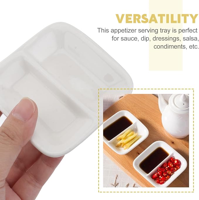 2Pcs 3inch White Ceramic Appetizer Plates, 2-Compartment Serving Platter Tray, Soy Dipping Sauce Dishes, Rectangular Divided Dish for Home Hotel Restaurant Kitchen