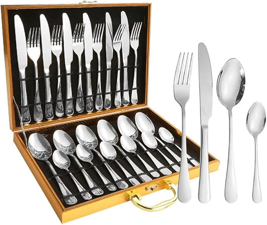 Gift Box 24pcs Set Cutlery Dinnerware 410 Stainless Steel Flatware Set Tableware Suit Dinner Spoon Fork Knife Flatware Serving Sets (Silver)