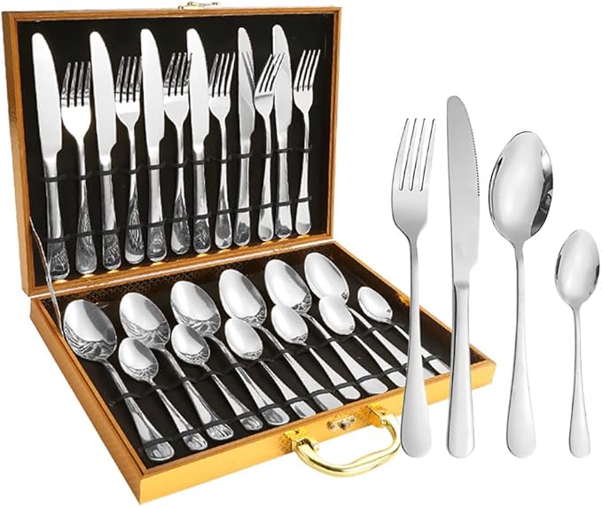 Gift Box 24pcs Set Cutlery Dinnerware 410 Stainless Steel Flatware Set Tableware Suit Dinner Spoon Fork Knife Flatware Serving Sets (Black)