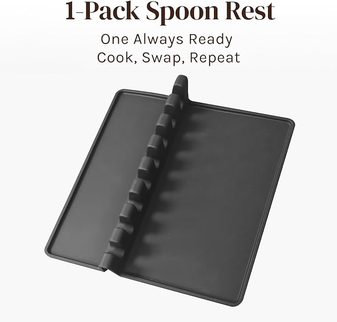 Cooler Kitchen Black XL Silicone Spoon Rest for Stove Top with Drip Pad - Heat-Resistant, BPA-Free Utensil Rest & Spoon Holder for Kitchen Counter - Grill Utensil Holder for Spatulas, Tongs, Ladles