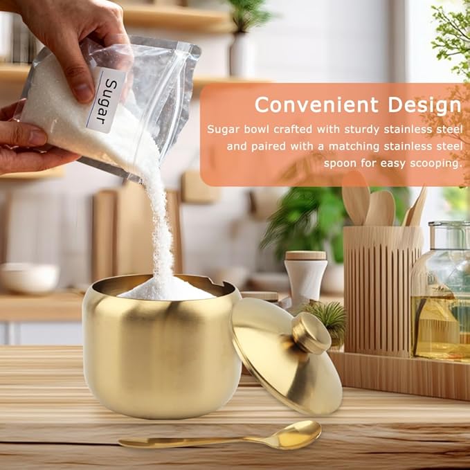 15oz Sugar Bowl with Lid and Spoon, Round Sugar Jar Kitchen Storage Container for Seasonings, Sugar, Salt, Pepper, Spices, Coffee Bar Kitchen Accessories, Dishwasher Safe(COLOR:Gold)