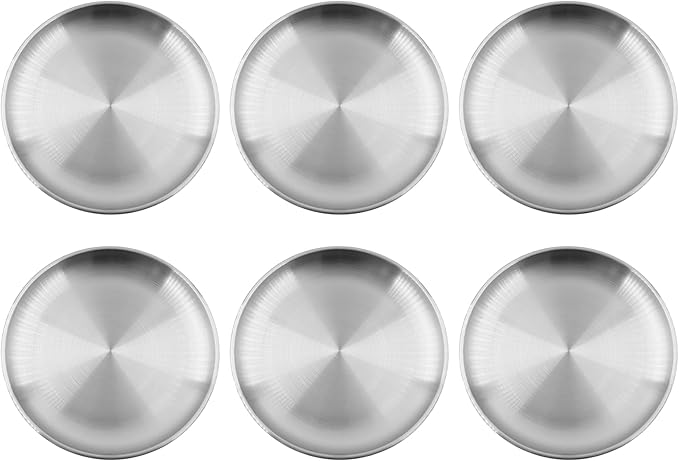 304 Stainless Steel Plates,Silver Round Dinner Dishes,Feeding Serving Camping Plates,Reusable Dinner Plates,Durable Metal Plates, Double Walled Plates for Picnic BBQ Steak 6PCS, 17cm/6.69''