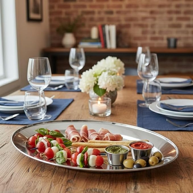 Soro Essentials- 14" Stainless Steel Oval Serving Platter Set of 2- Heavy Weight Serving Tray Party Food Display Tray Ideal for Serving Appetizer Charcuterie Food Snack Dessert Platters Bar Restaurant