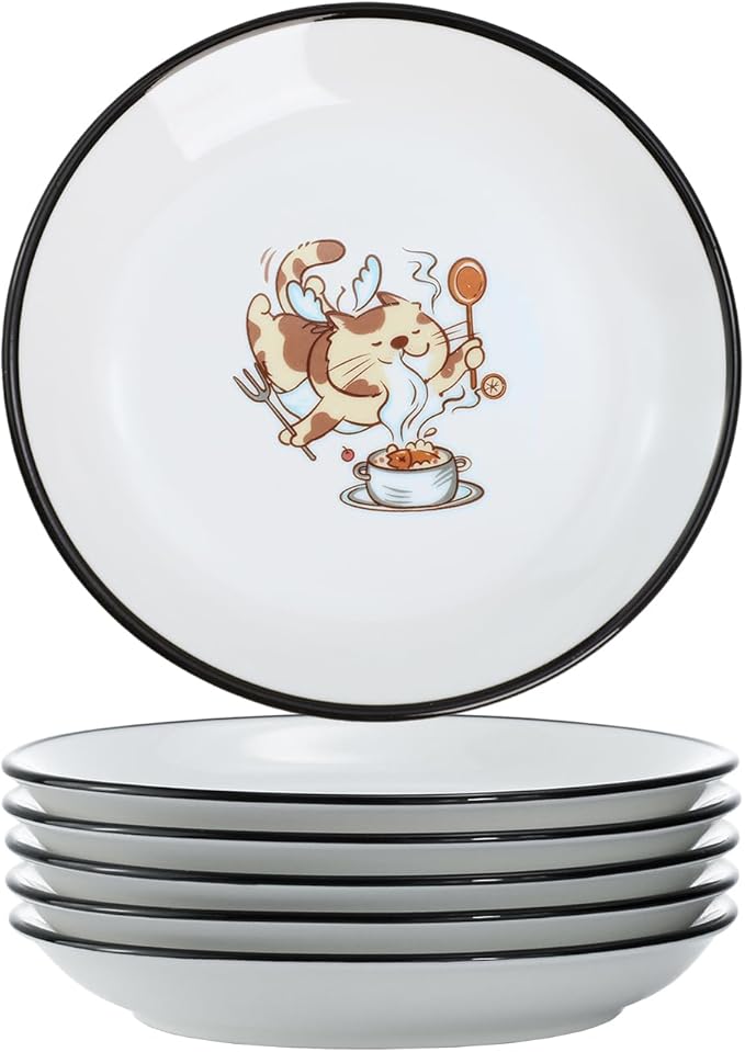 Funny Fidgety Chef Cat Pattern Ceramic Sauce Dishes, Seasoning Dishes, Sushi Soy Dipping Bowls, Appetizer Plates, Dessert Plates, Little Cat Bird Feeding Bowls, Set of 6-Chef Cat-5 Inch