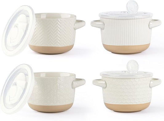 AmorArc 24 Ounces Soup Bowls with Large Handles and Lids, Stoneware Bowls Set of 4 for Soup,Stew, Noodle, Ceramic Kitchen Bowls With Embossed Patterns, Microwave&Dishwasher Safe, Light Beige