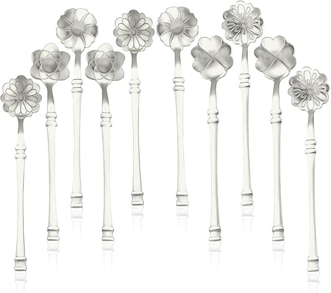 10 Pcs Flower Spoon Coffee Teaspoon Set, Stainless Steel Tableware Creative Dessert Spoons Sugar Coffee Teaspoon Ice-Cream Mixing Stir Bar Ice Tea Spoon (Silver)
