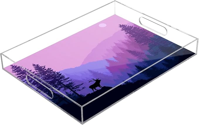 Serving Tray with Handles Clear Acrylic Tray 12x16 Inch Decorative Rectangular Tray Organizer for Ottoman Coffee Table Bathroom Purple Stag Mountains and Forest