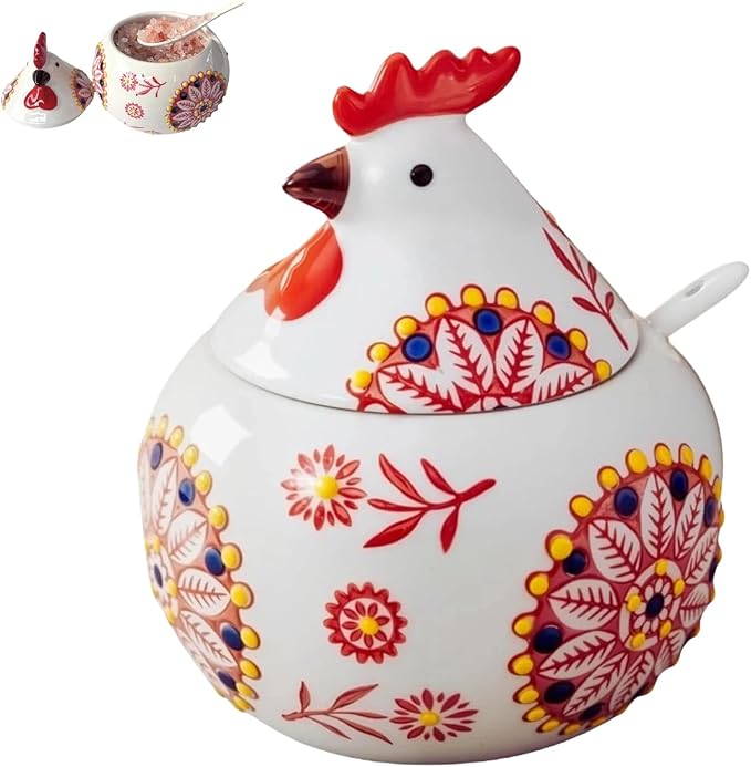 Ceramic Salt Cellar with Lid and Spoon | 13.5OZ Large Chicken Salt Container | Salt and Pepper Containers for Countertop | Sugar Bowl Salt Holder Candy Jar Box for Counter Home Chicken Decor (Red)