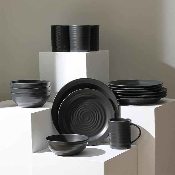 Stone Lain Orbit 16-Piece Round Stoneware Dinnerware Set, Charcoal, Service for 4 with Plates, Bowls & Mugs, Durable Ceramic Kitchen Tableware, Dishwasher & Microwave Safe