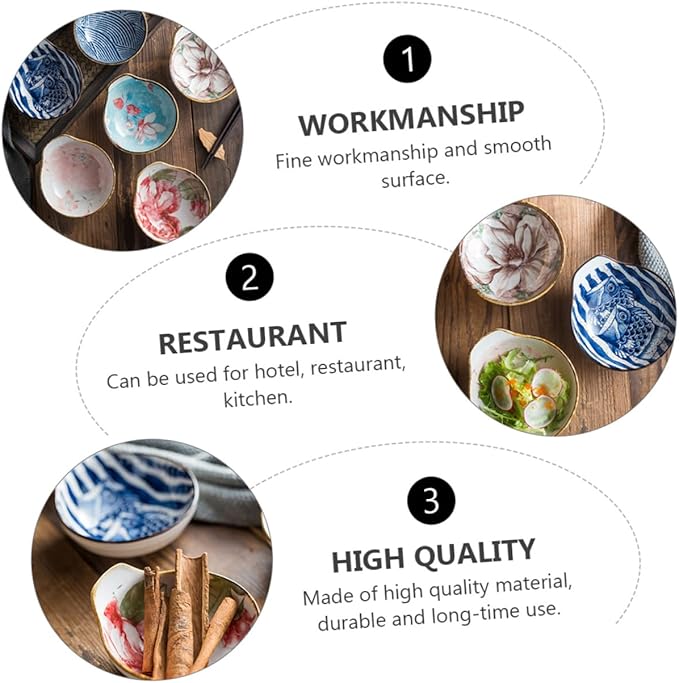 KICHOUSE 3pcs Ceramic Sauce Dipping Dish Set Hand-Painted Glazed Condiment Bowls Small Handle for Soy Sauce Vinegar and Appetizers Random Style