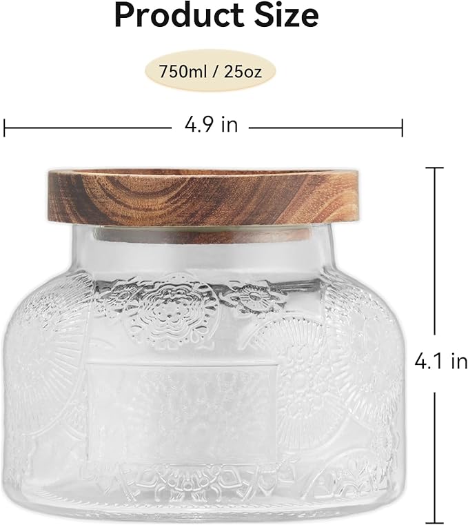 25 Oz Glass Candy Jar with Wooden Lid - Vintage Airtight Food Storage Container for Kitchen Pantry Office Decor, Clear Cookies Canister Organize Coffee Sugar Tea Spice Nuts Snacks