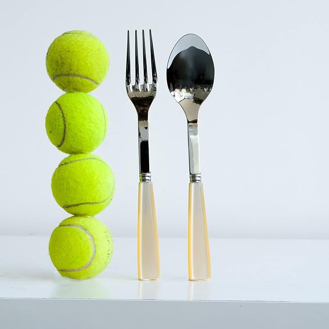 SABRE PARIS - 2-Piece Serving Set - Icône Collection - Large Fork & Large Spoon - Stainless Steel & Acrylic - Dishwasher Safe - Pearly White